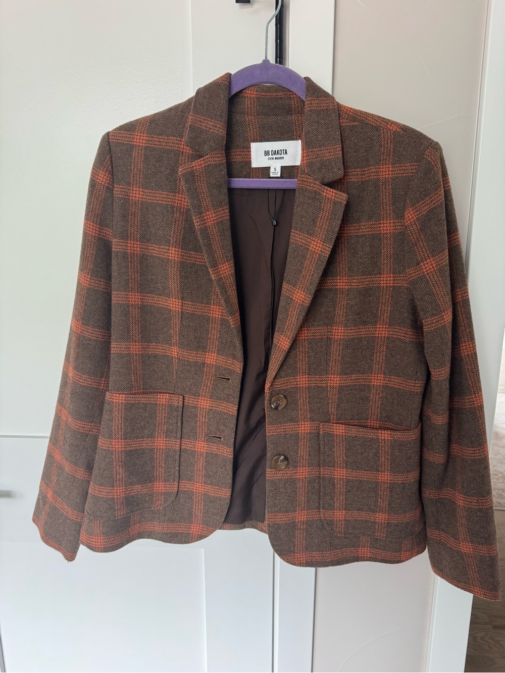 BB Dakota by Steve Madden Brown Plaid Blazer with Orange Windowpane